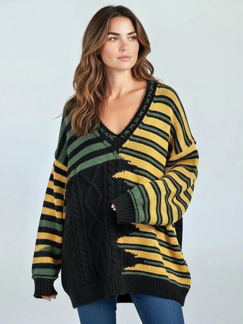 POL Women's Striped V-Neck Sweater Black & Yellow